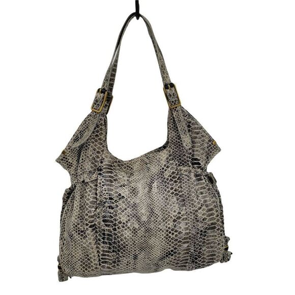 Elliott Lucca Leather Gray Cream Snakeskin Large Hobo Shoulder Bag Tassel Detail - Picture 6 of 14